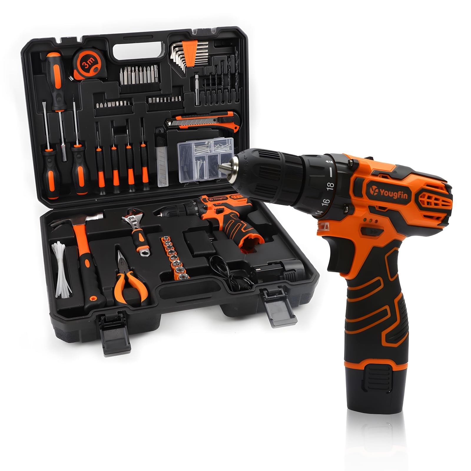 Cordless Drill Set 12V with 195 Pieces Hand Tools - Home DIY Projects