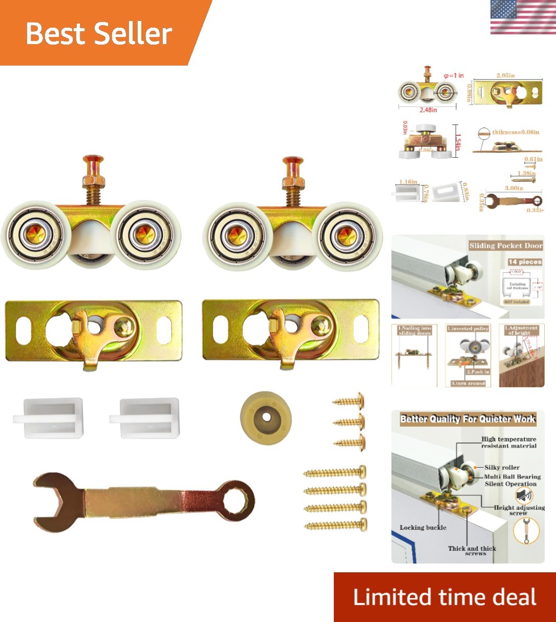 Smooth Sliding 1" Pocket Door Rollers - 2 Pack with Quick Release Installation