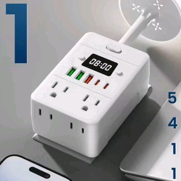 Surge Protector Outlet Expander, 4 Outlets 5 USB, Clock, Nightlight - White