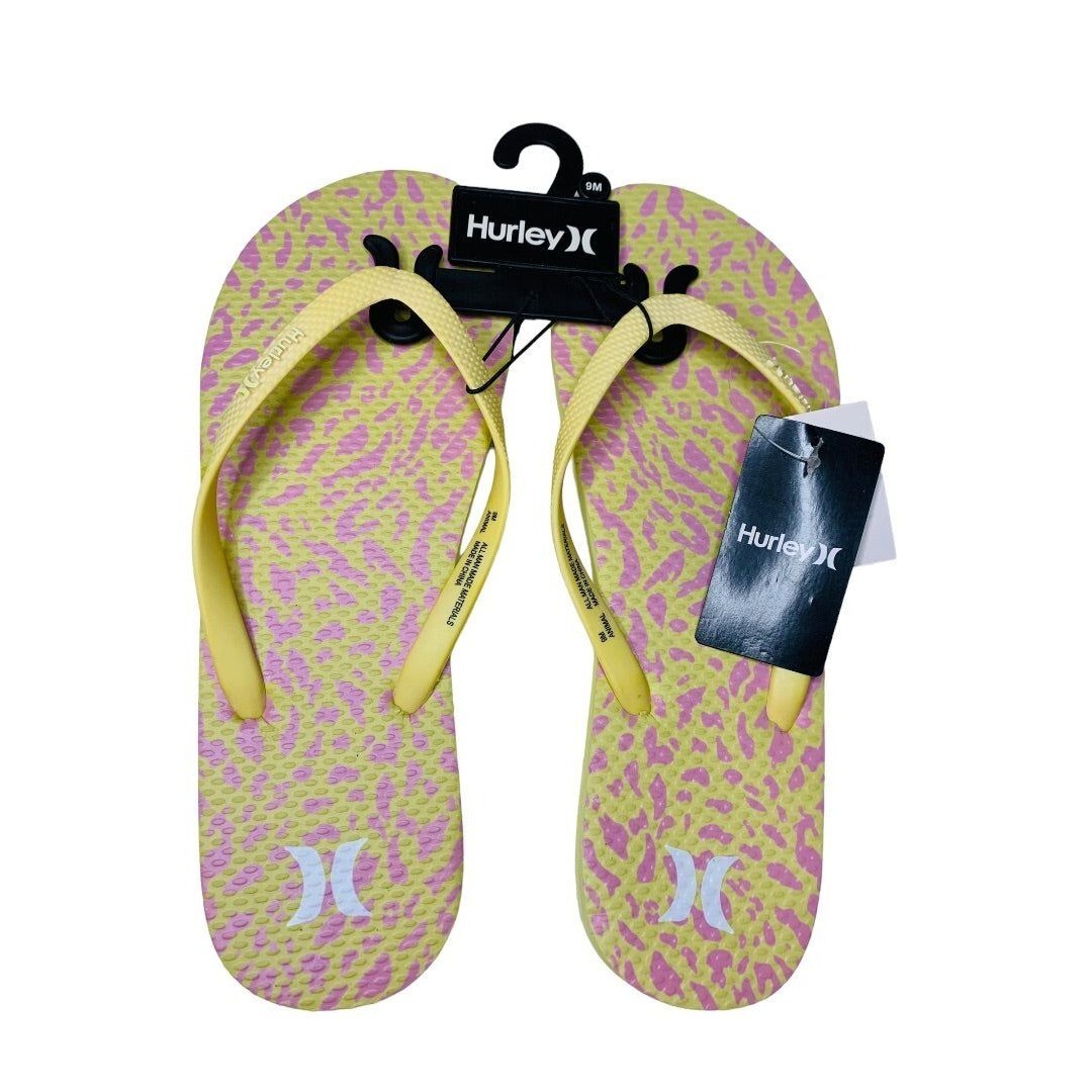 9M Hurley Womens New Animal Flip Flops Yellow Pink Cheetah Sunrise