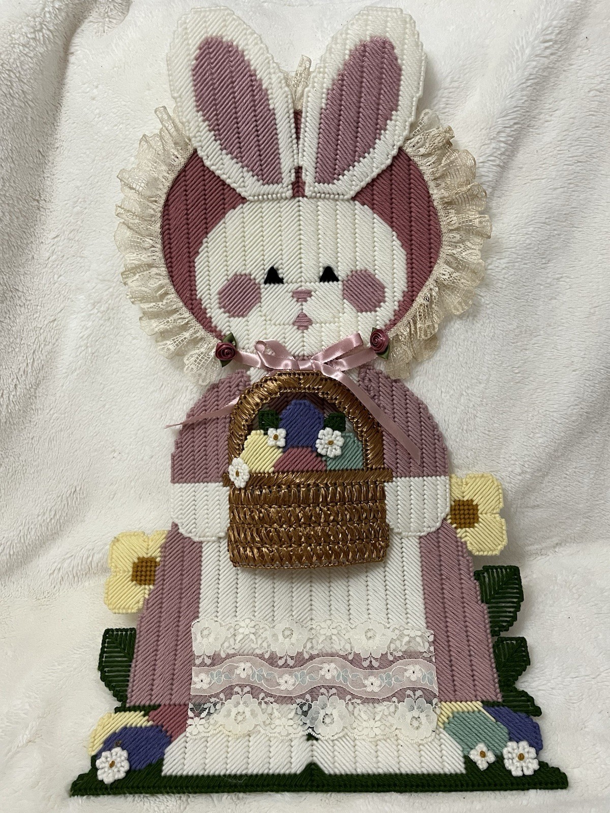Easter Welcome Bunny Holding Basket Door Decoration Plastic Canvas Completed