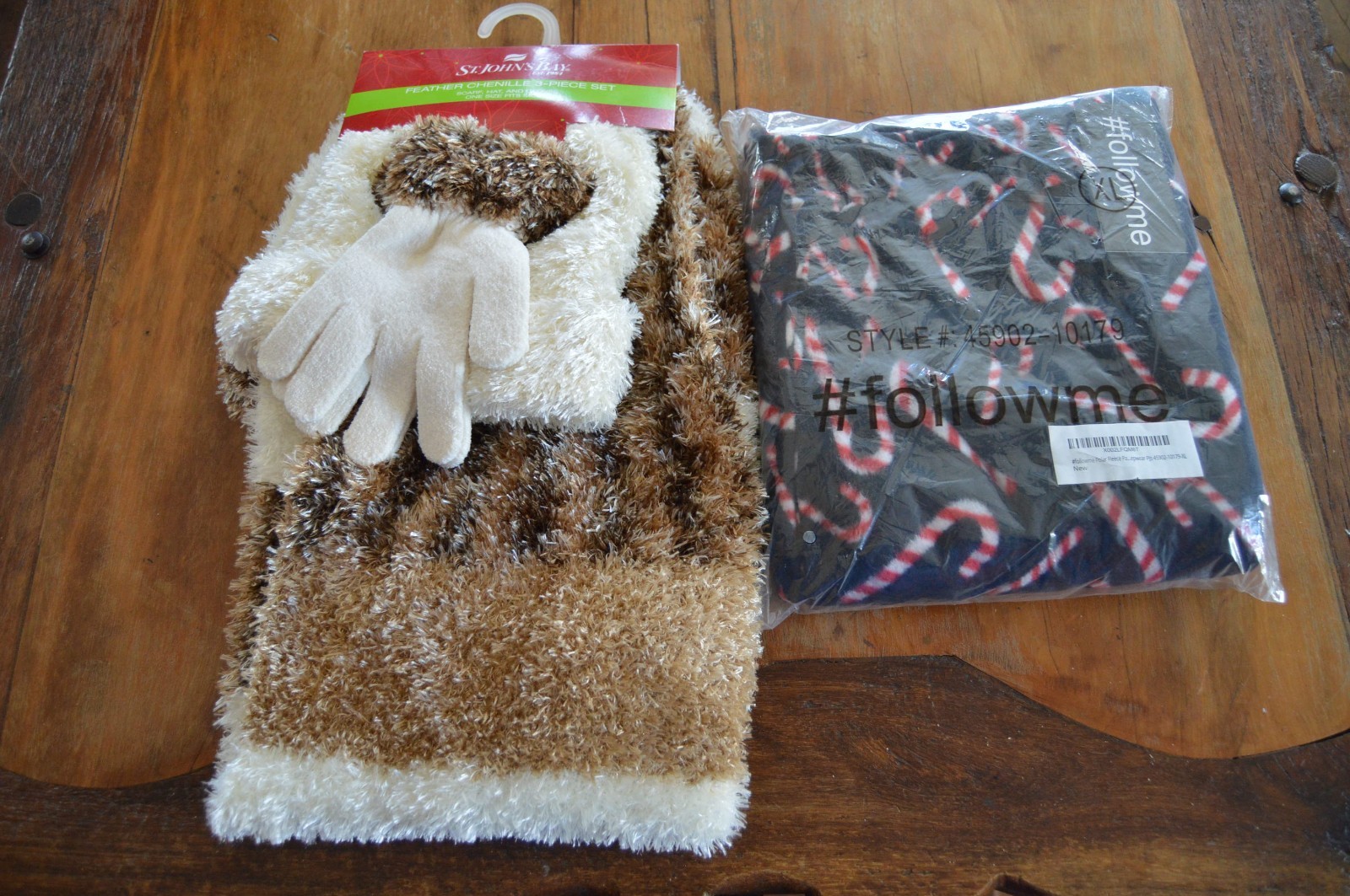 Candy Cane Flannel Pants Adult XL,Feather Chenille 3 PC Winter Gloves Scarf,S