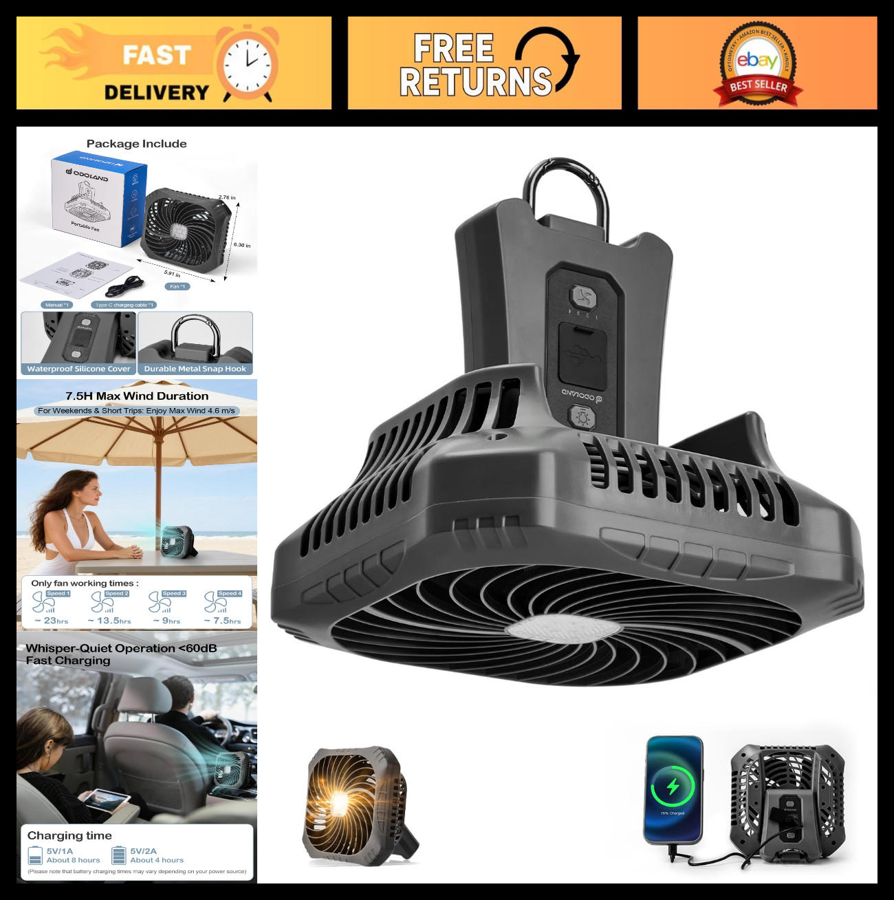 Portable Camping Fan with LED Lantern, 40H Rechargeable Battery, 4-Speed Wind, 3