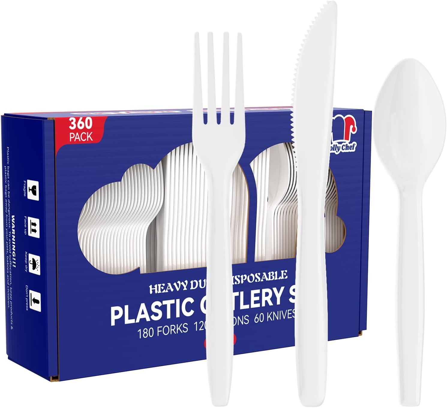 J CHEF White Plastic Sierware Heavy Duty, 180 Forks, 120 Spoons, 60