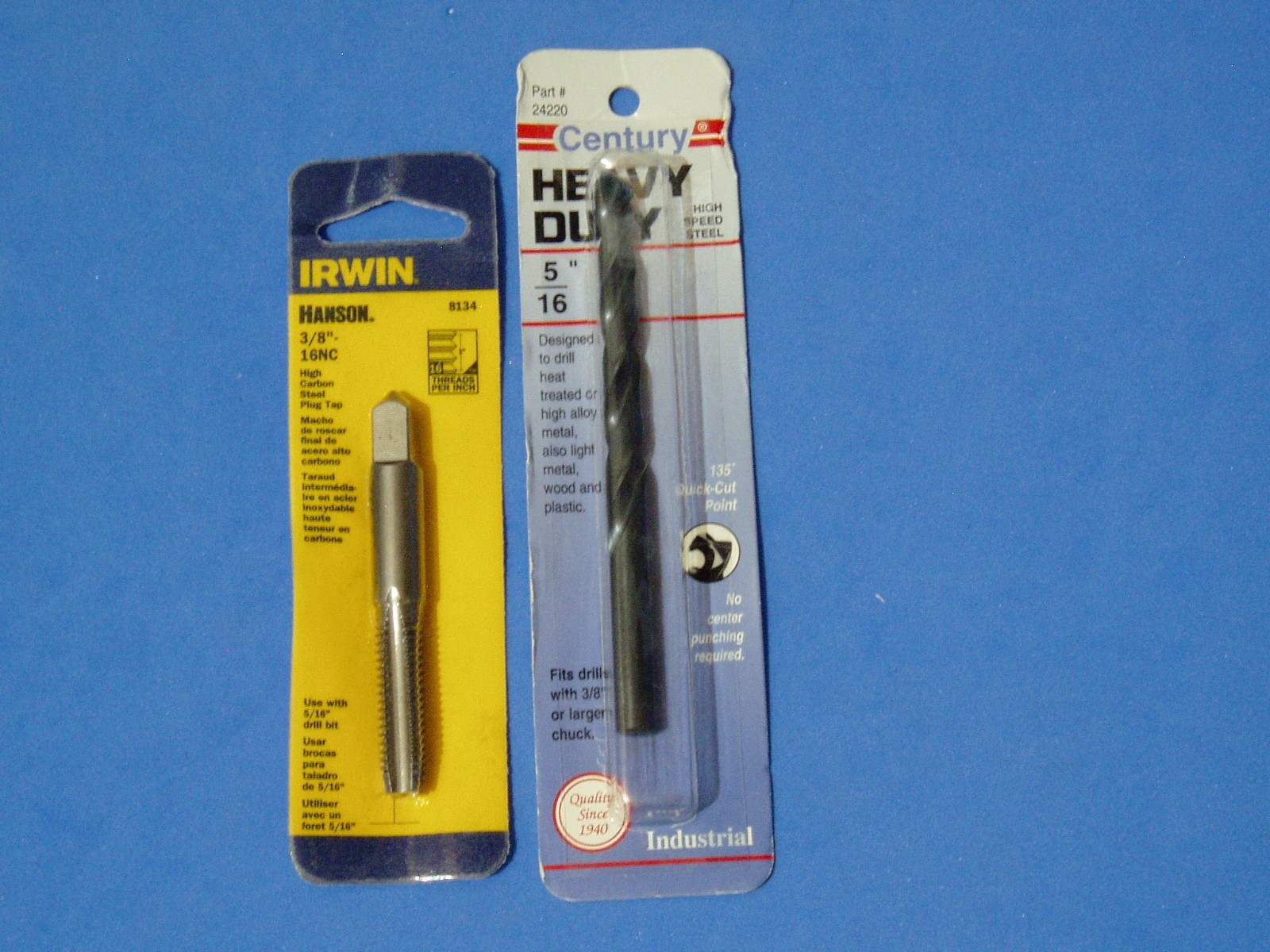3/8 - 16 NC IRWIN HANSON TAP  WITH PROPER SIZE CENTURY 5/16" DRILL BIT MADE USA