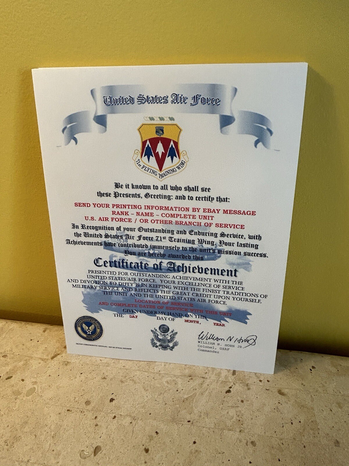 U.S.A.F. / AIR FORCE 71ST TRAINING WING - CERTIFICATE OF ACHIEVEMENT