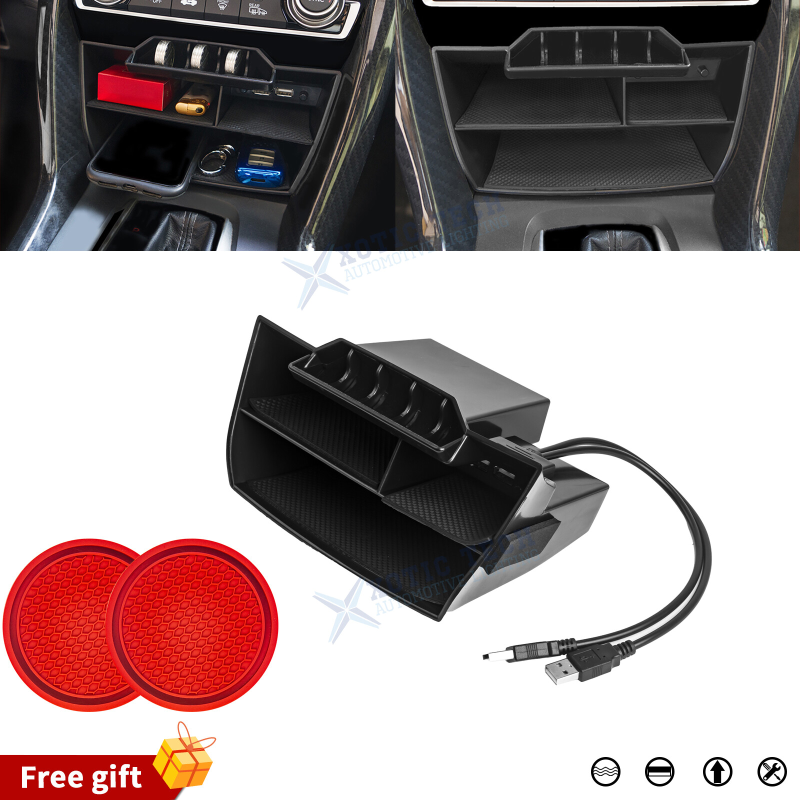 Inner Center Console Storage Organizer Box w/ USB Cable For Honda Civic 16-2021