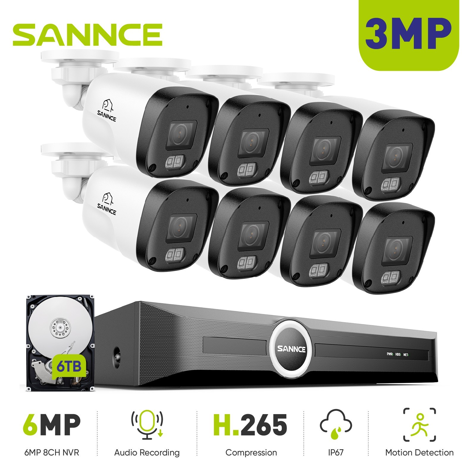 SANNCE 8CH 6MP NVR 3MP POE Security Camera System Audio Recording Outdoor IP67