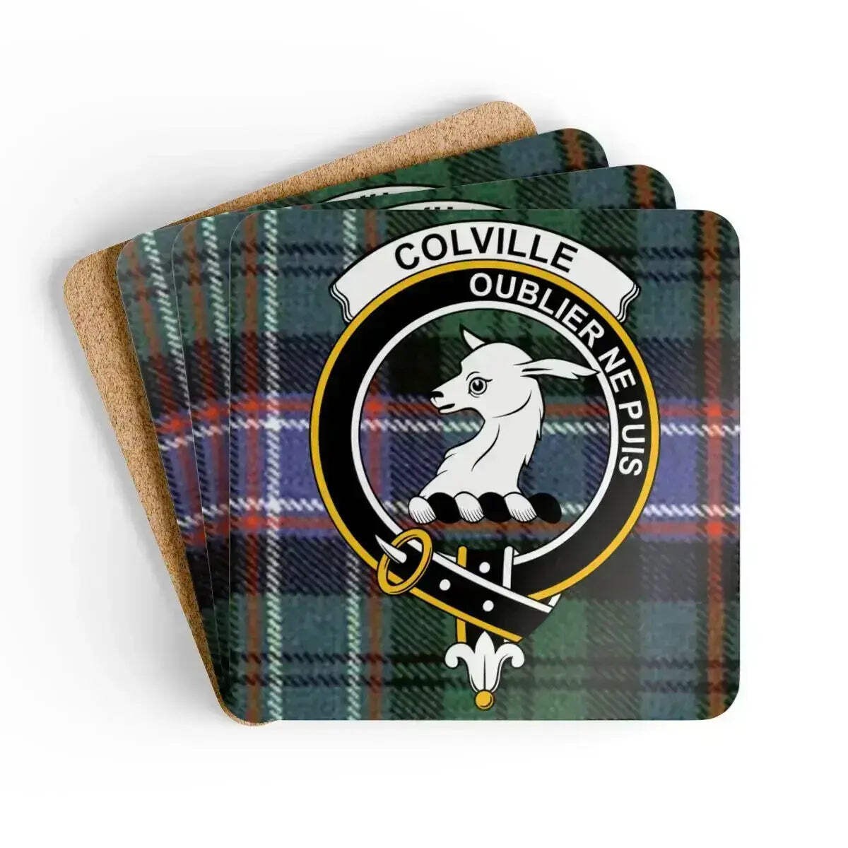 Colville Clan Crest Scottish Tartan Coaster Set