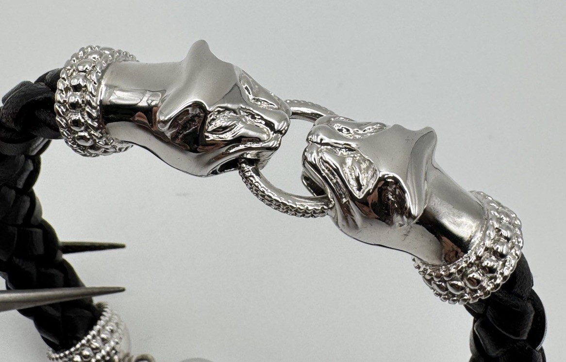 Beautiful Milor Italy Silverplate Over Bronze Double Panther Leather Bracelet