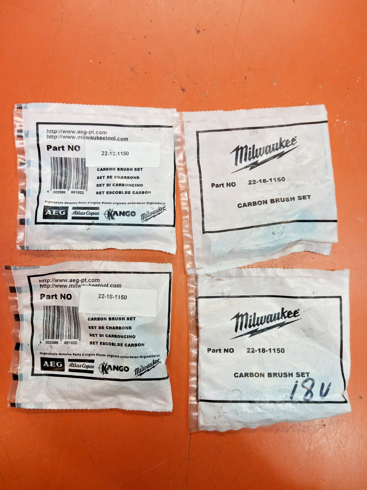 MILWAUKEE 22-18-1150 brush set 2 are MILWAUKEE & 2 are AEG brand