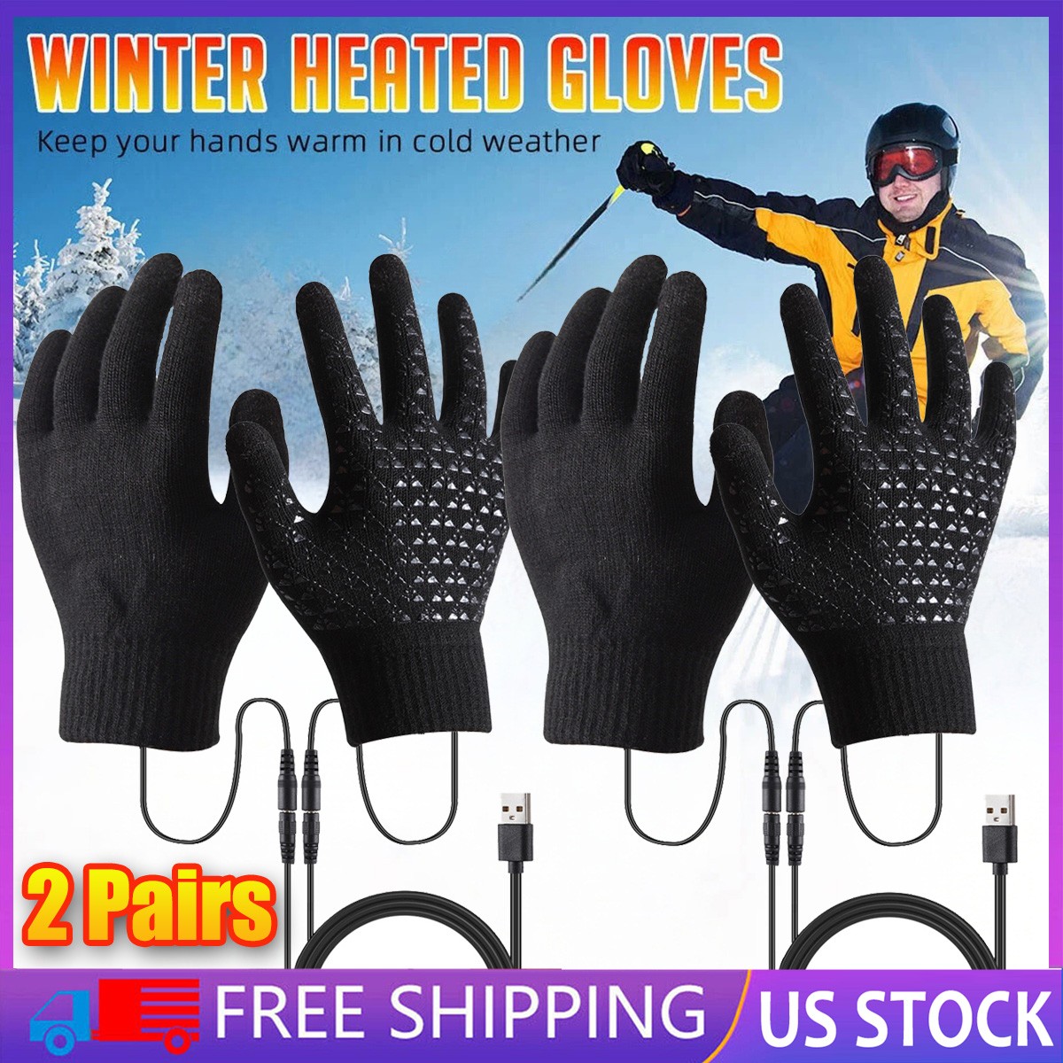 2 Pairs USB Heating Gloves Winter Warm Touch Screen Full Finger Gloves Cycling