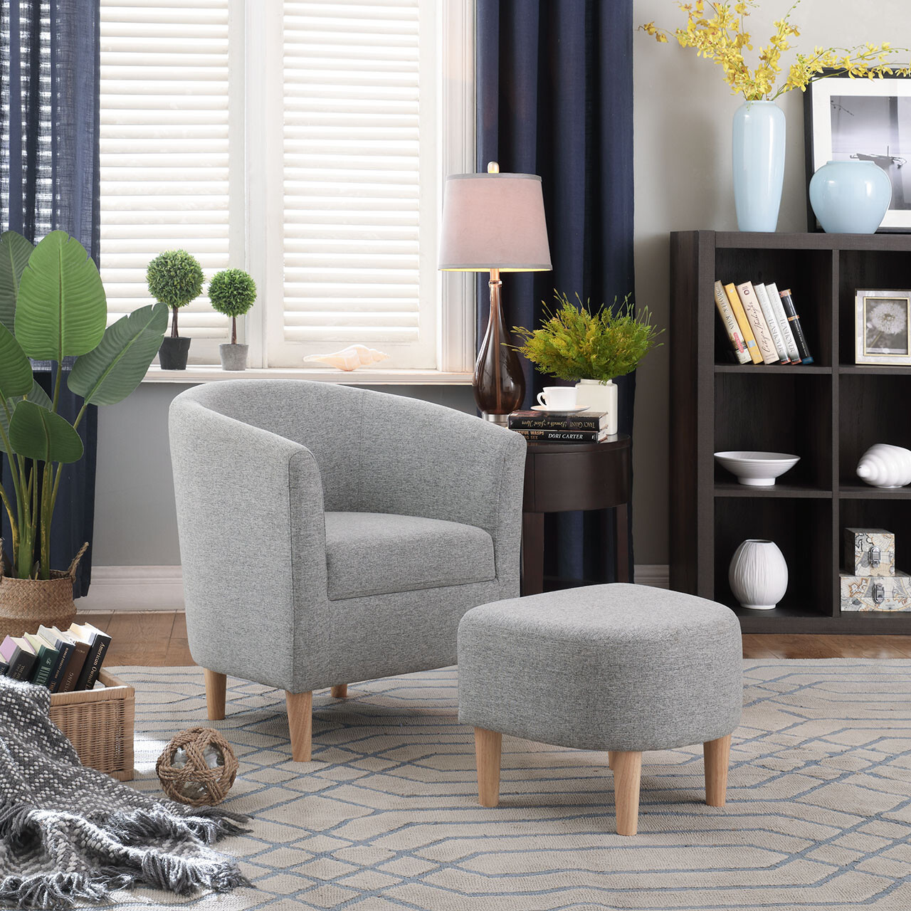 Modern Upholstered Armchair Linen Blend Sofa Matched w/Ottoman for Living Room