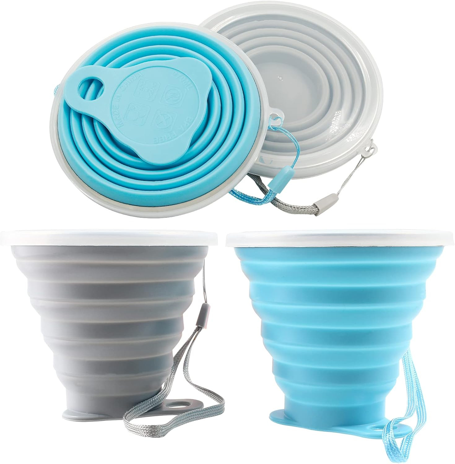 2 Pack Silicone Collapsible Travel Cups Portable Folding Camping Cups with Lids
