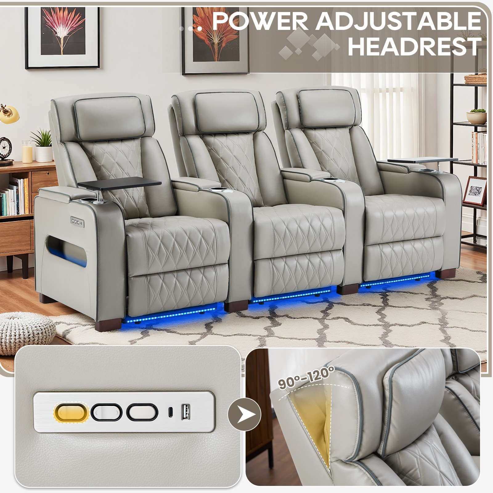 Home Theater Seating Power Recline Sofa With Powered Headrests, Table