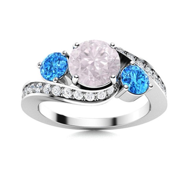 925 Sterling Silver Round Pink Quartz & Swiss Blue Topaz Three Stone Women Ring