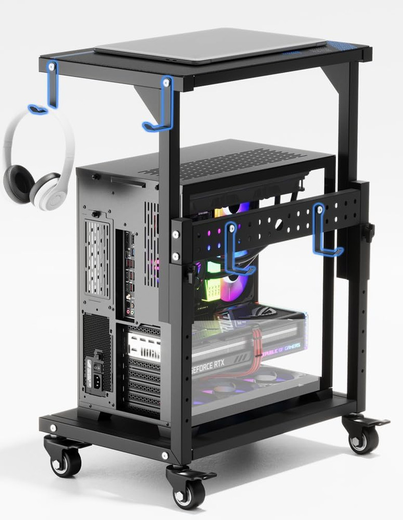 Desktop PC Tower Stand With Wheels Adjustable Height 2 Tier Mobile Computer Cart