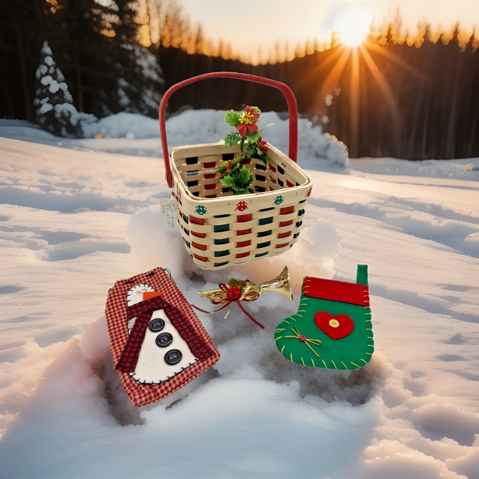 7" x 7" Christmas Tree Woven Basket with Holly Branch Stocking Trumpet Wine Bag