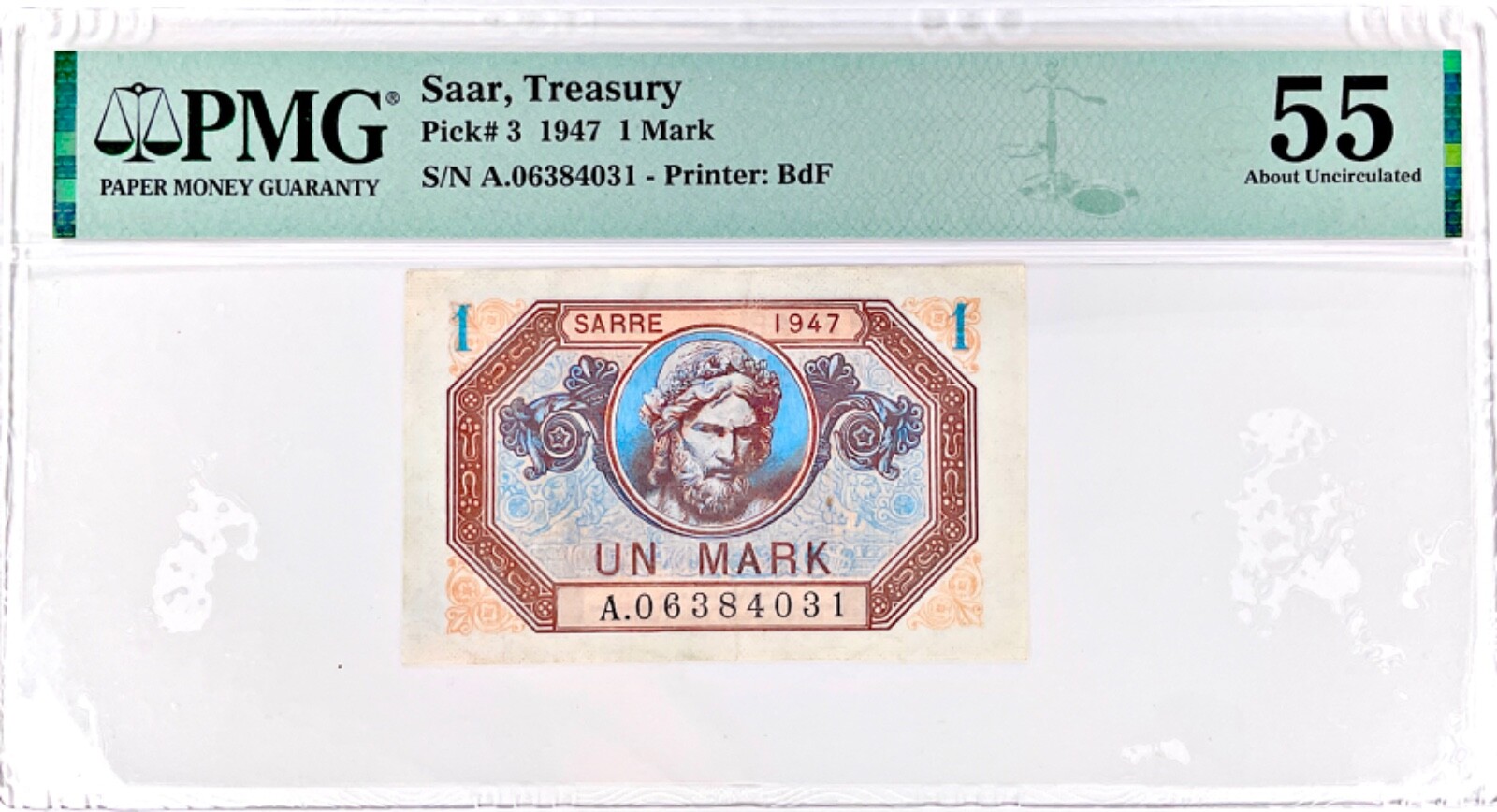 Saar, 1 Mark (1947) Pick# 3 PMG 55 About Uncirculated (AU) Banknote