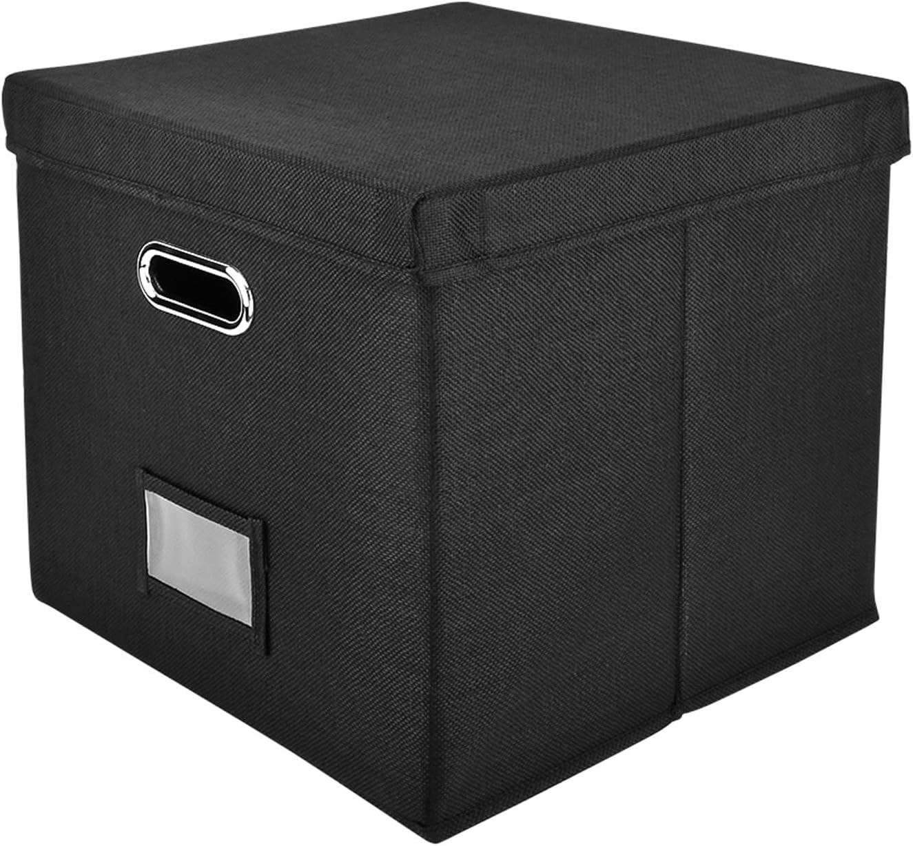 Vinyl Record Storage Box 13" Linen Album Organizer Cube Bin with Lid Black