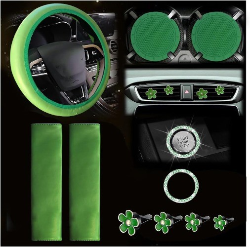 Accessories Set, 10PCS Vehicle Kit with Steering Wheel Cover Seat Colr: Green