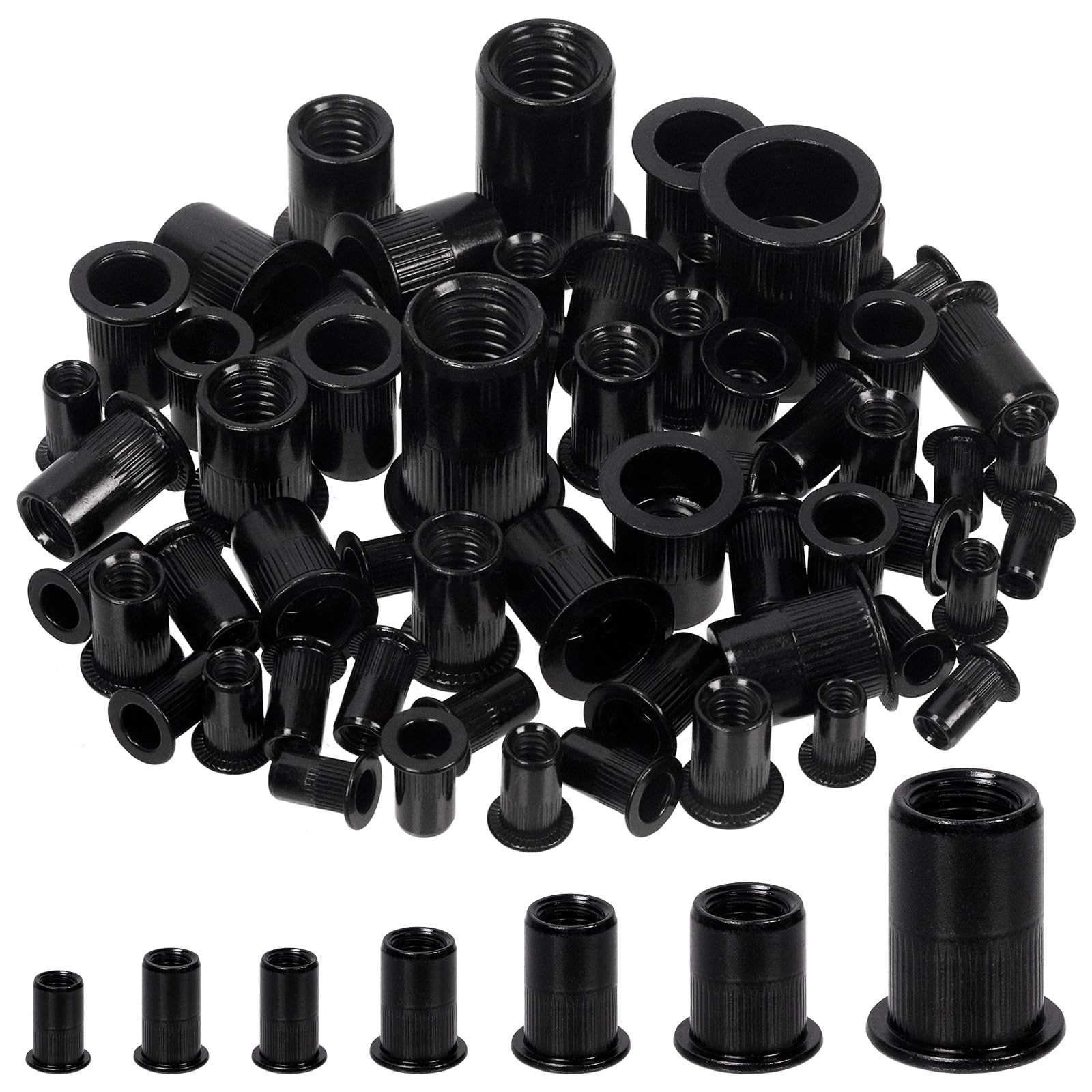 100 PCS 1/420UNC Rivet Nuts Kit Black Zinc Carbon Steel Flat Head Rivnut