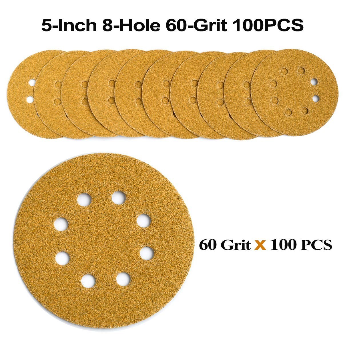 5-Inch 60-Grit Hook & Loop Sanding Discs, 100-Pack