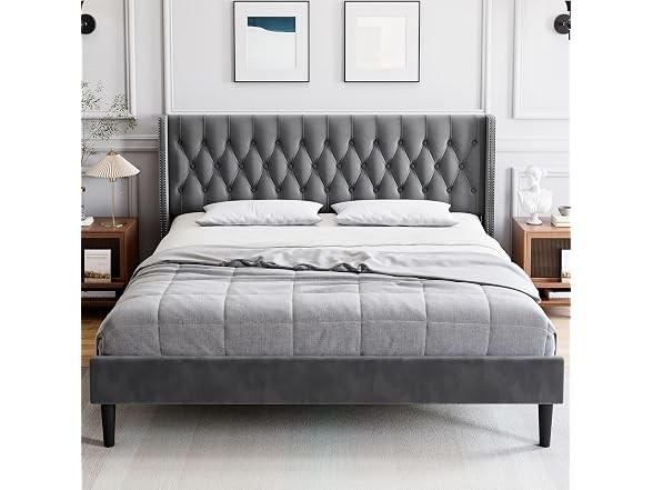GAOMON King Bed Frame, Tufted Wingback, Gray Grey Modern