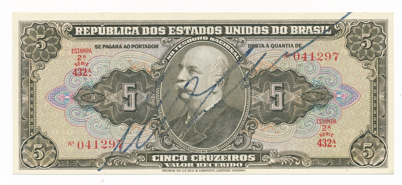 BRAZIL 5 Cruzeiros 1950 P. 142; Barão do Río Branco; Unc Note