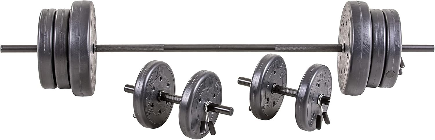 US Weight 105 lb Duracast Barbell Weight Set with two dumbbells and 6ft bar f...