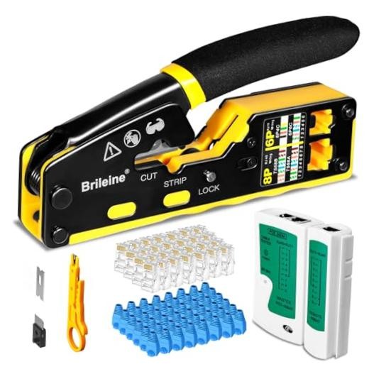 RJ45 Crimp Tool Pass Through Kit Ethernet Crimper Cat5 Crimper Kit -Yellow