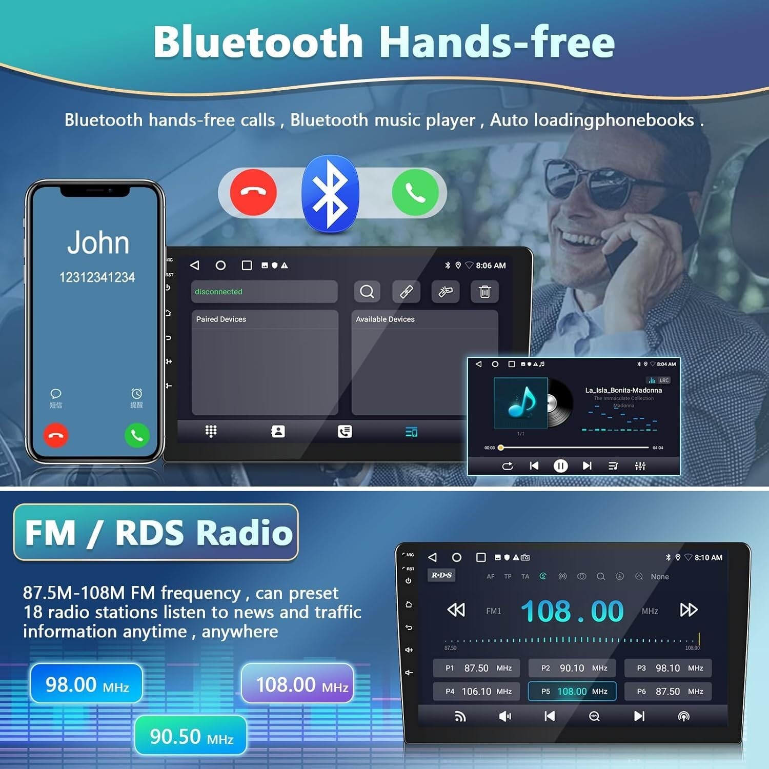 10 Inch Double Din Car Stereo Wireless Carplay Android Auto GPS Bluetooth