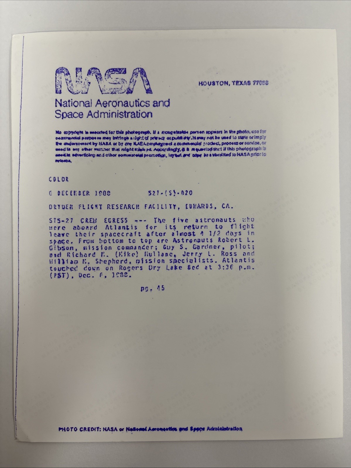 NASA STS 27 Atlantis Crew Deboard Space Shuttle Black Numbered Press Photo
