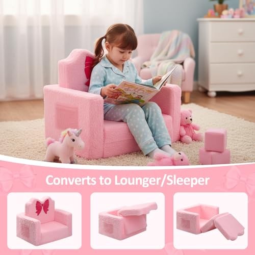 Valentine Kids Chair or Couch for Toddler, 2-in-1 Soft Foldable Couch, Bow