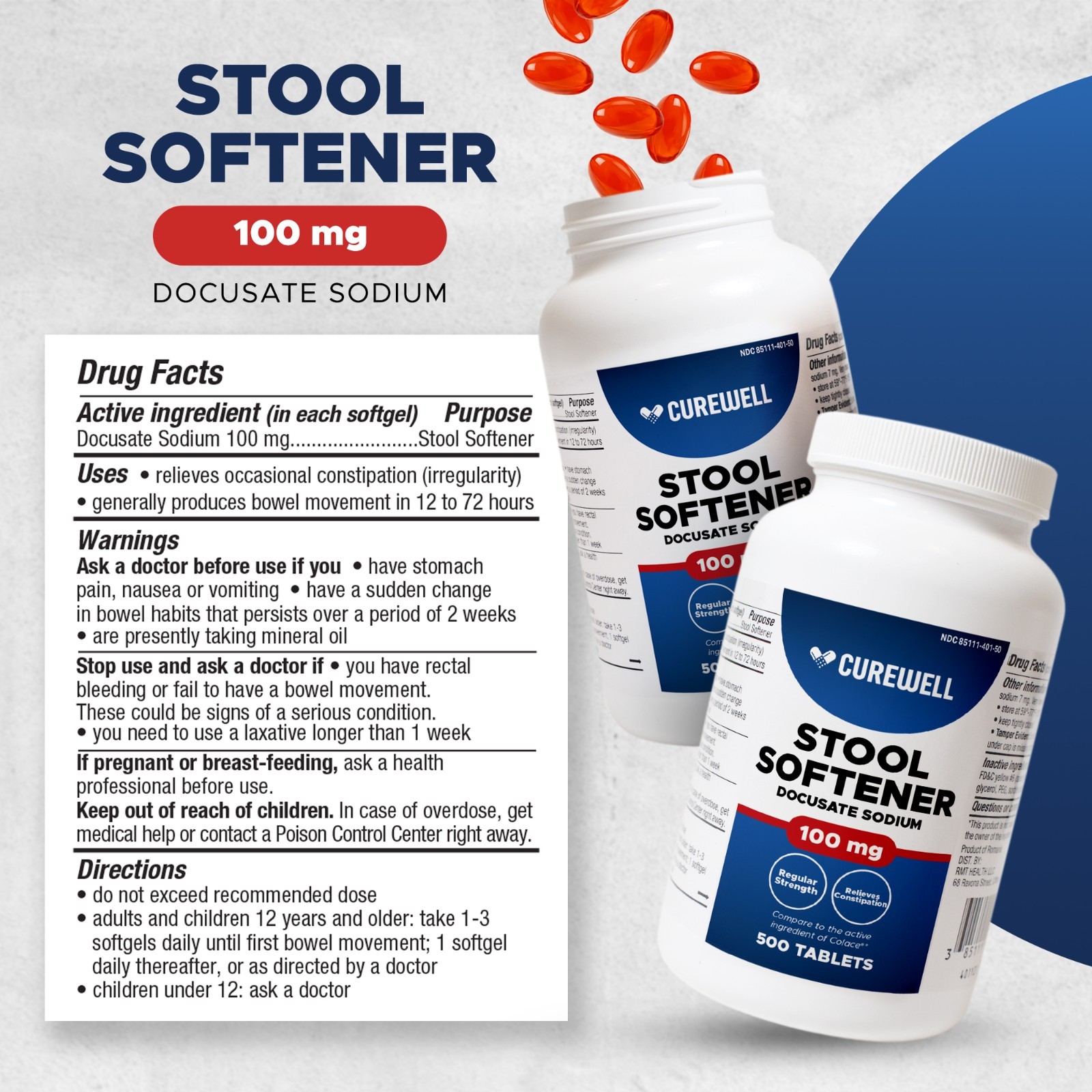 CUREWELL Stool Softener Docusate Sodium 100mg Softgels (500 Count)