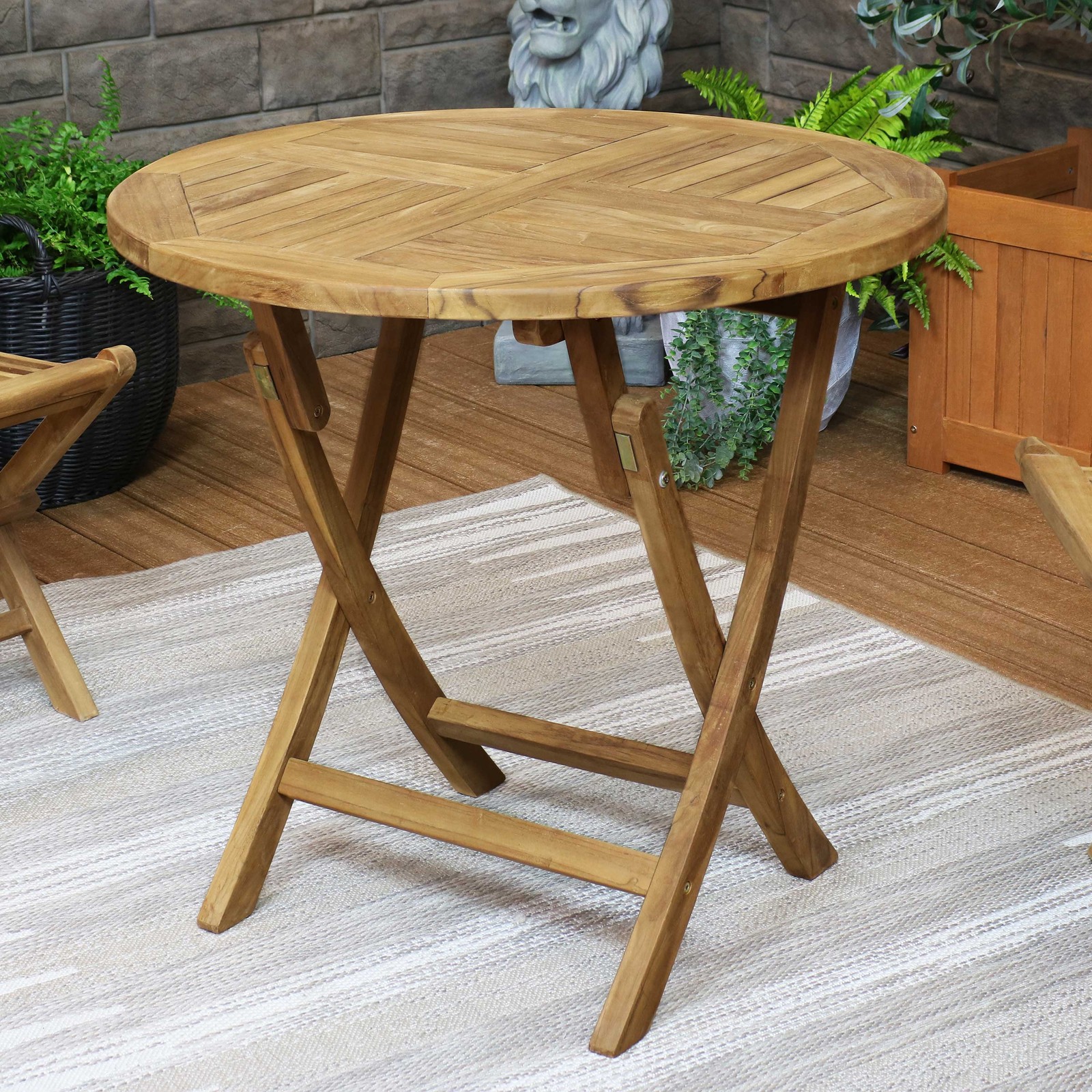 Round Teak Wood Folding Bistro Table, 31” Dia, Light Brown by Sunnydaze