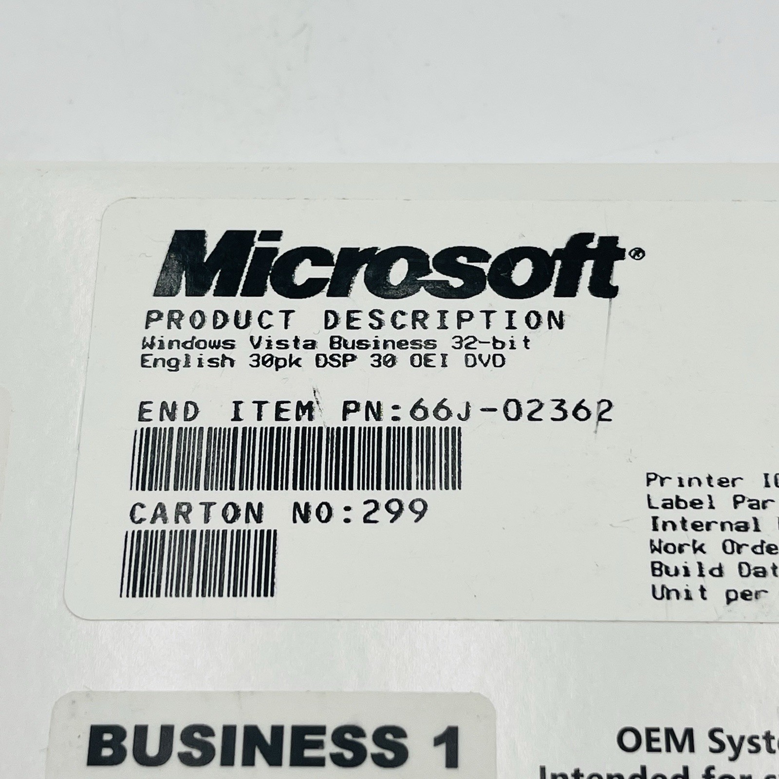 Microsoft Windows Vista Business 32-Bit OEM System Builder Pack DVD Sealed