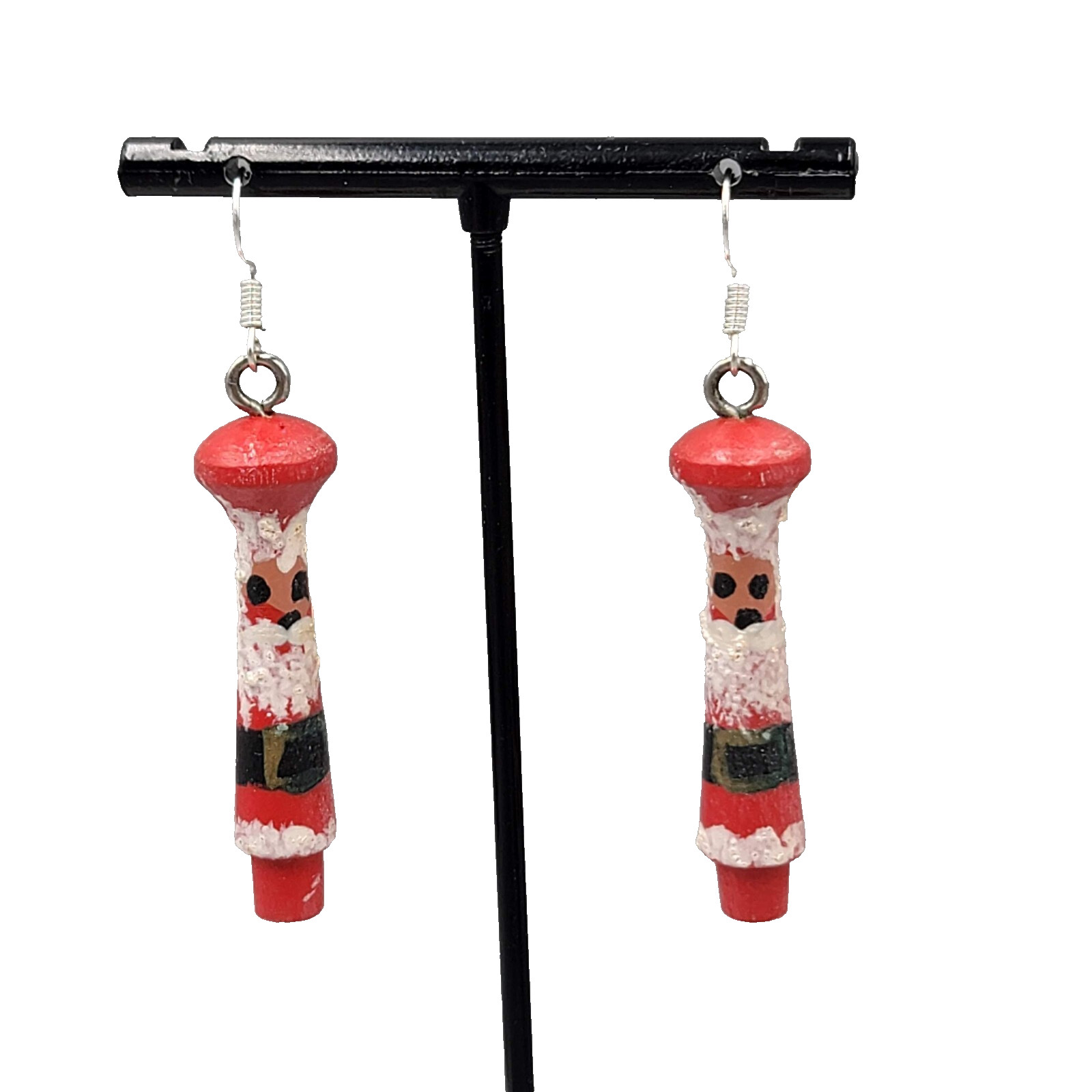 Vintage Christmas Santa Pierced Earrings Hand Painted Wood Dangle 2"