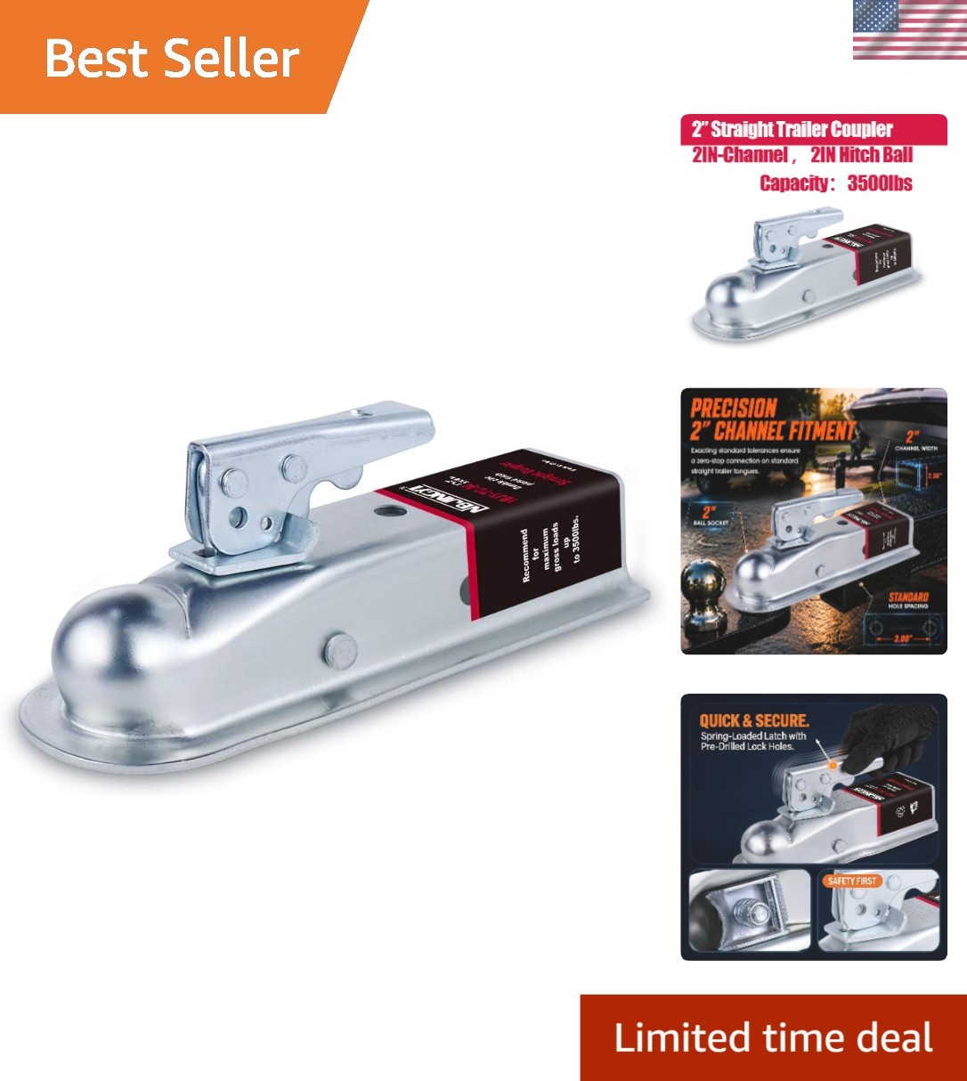 Universal 2" Trailer Coupler with 3500 lbs Towing Capacity - Easy Lock Mechanism