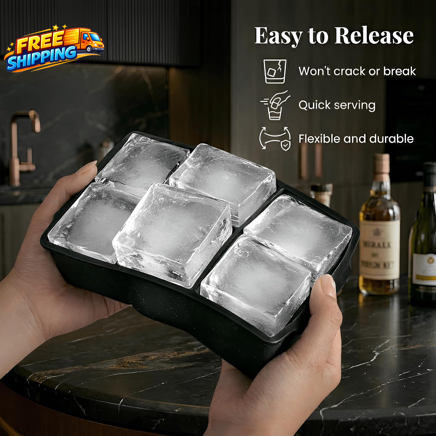 Large Silicone Ice Cube Tray (2-Pack), Easy Release 2" Big Ice Cubes - Cocktail,