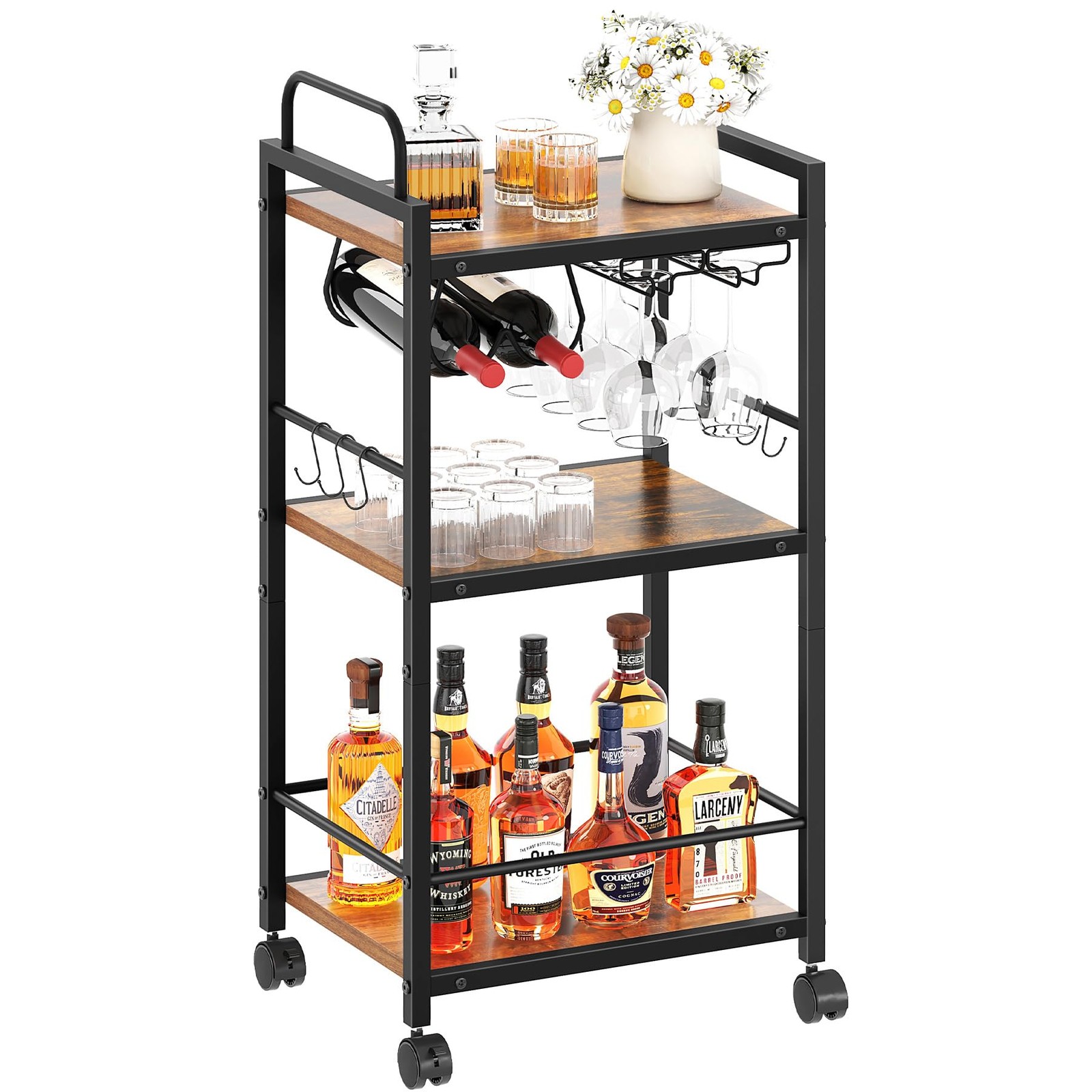 Bar Cart for The Home, 3 Tier Kitchen Carts with Wheels, Small Rolling Cart w...