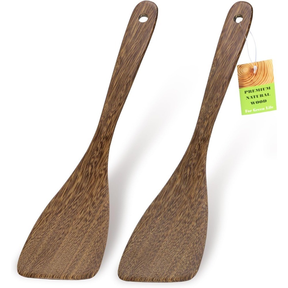 2PCS Wooden Spatula 12.8 inch Natural Wood Turner Long Handle for Non-Stick Pan