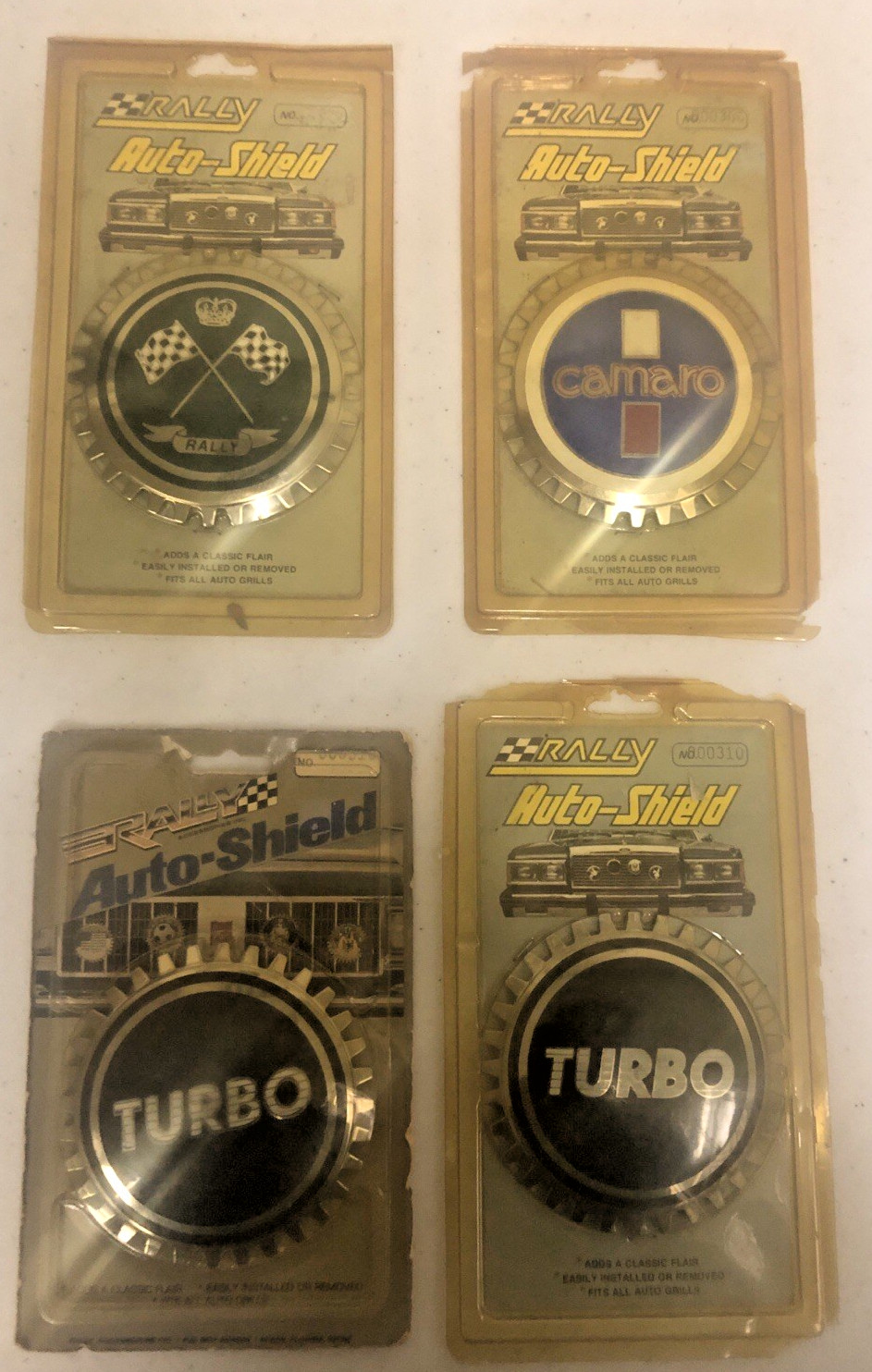 LOT OF 4 NEW NOS Vintage Rally Auto Shield Car Grill EMBLEM, CAMARO-RALLY-TURBO