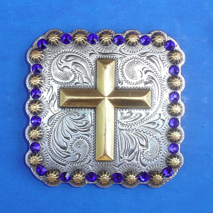 Western Tack Bling Concho Gold Cross W/Crystals 2 1/4" (Pick Yer Crystal Color)