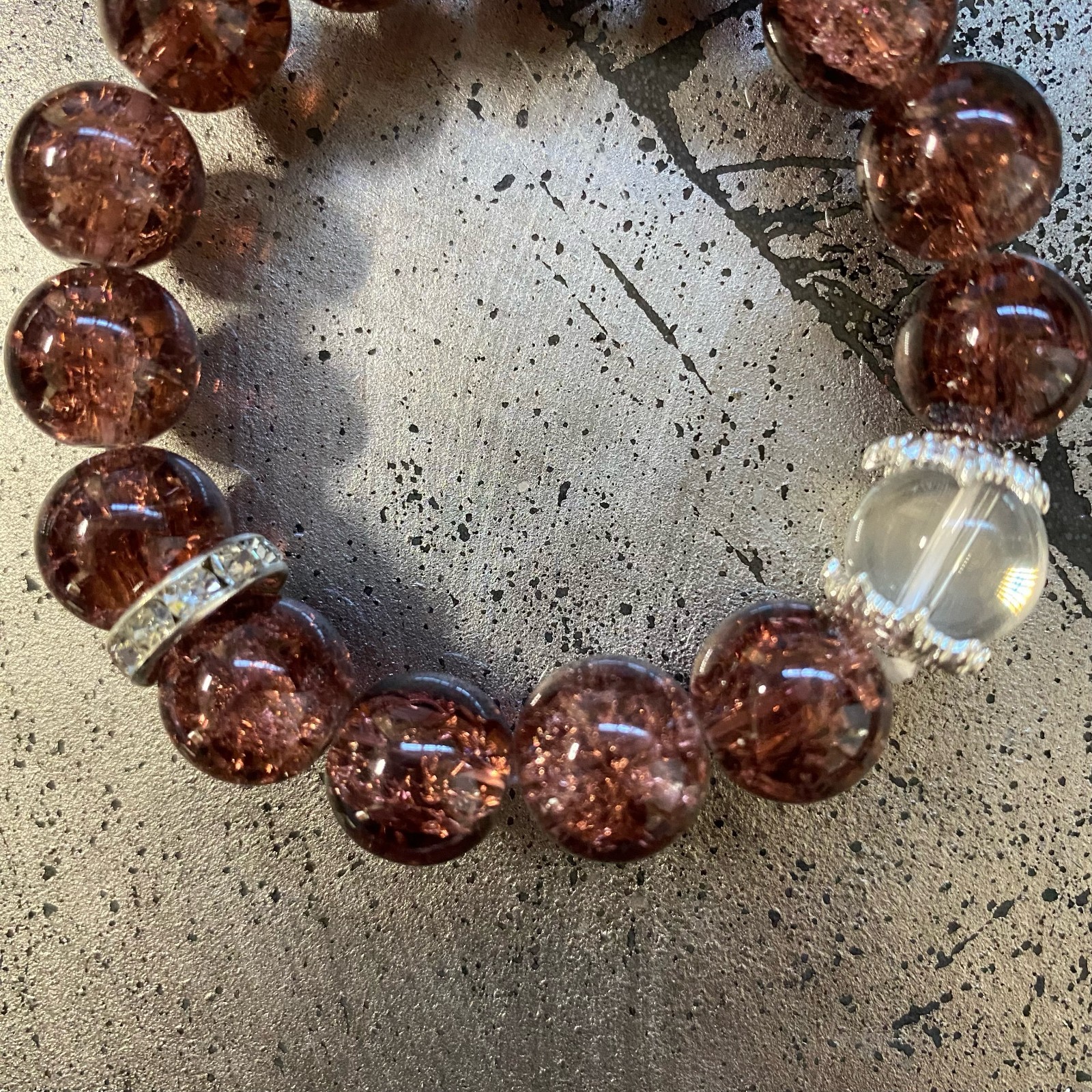 New Crystal Brown Bead Bracelet with Clear Center Stone Diameter 2 inches