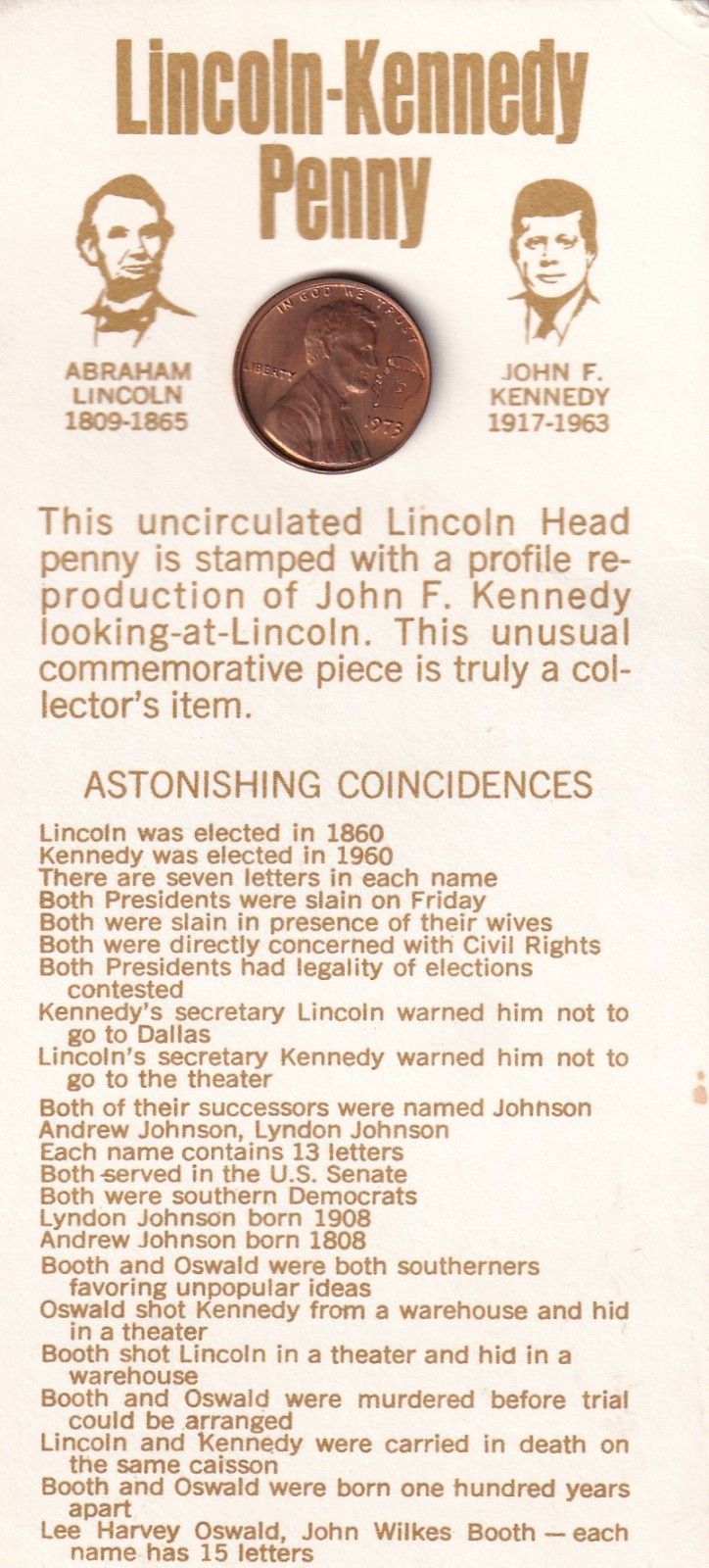 Lincoln / Kennedy Penny Card Listing Astonishing Coincidences - Counter Stamped
