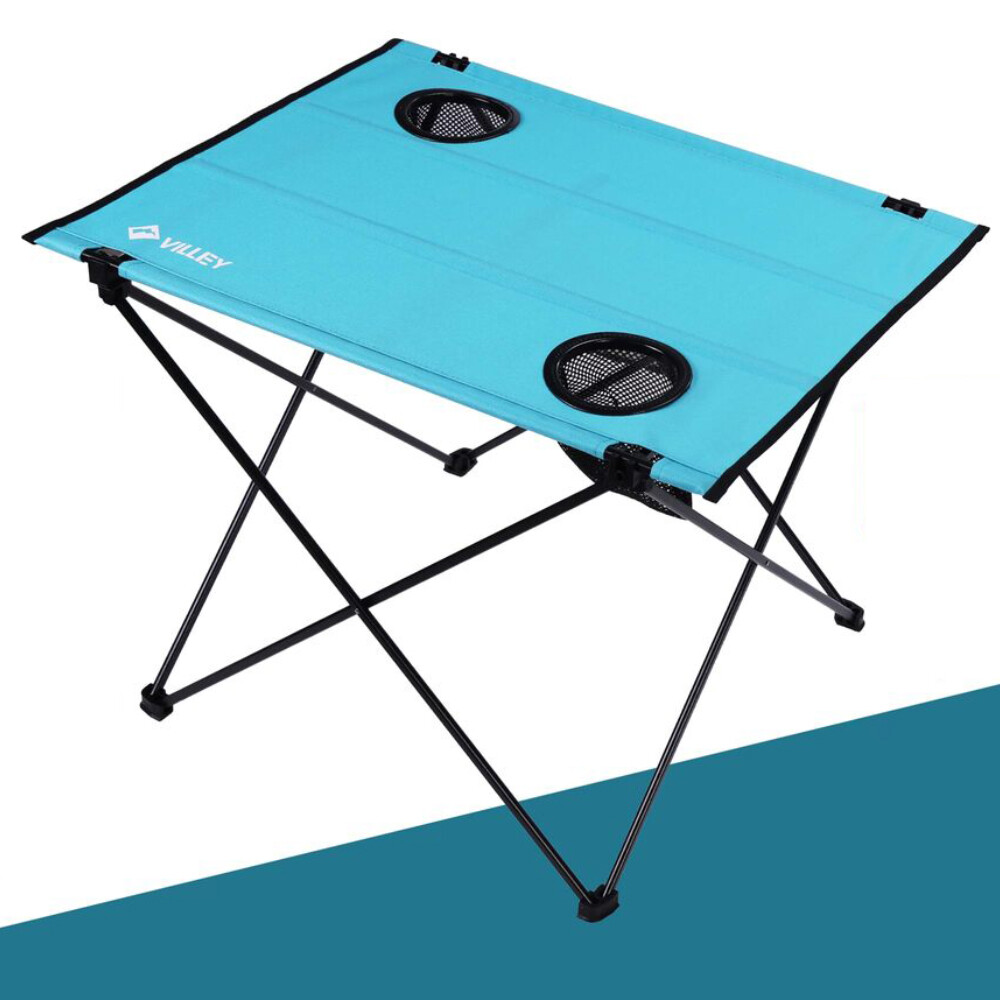VILLEY Folding Camping Table w/2 Cup Holder Bag Lightweight Portable Beach Table