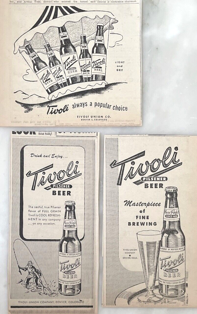 3 1947-8 newspaper ads for Tivoli Beer - fine brewing, fisherman, light & dry