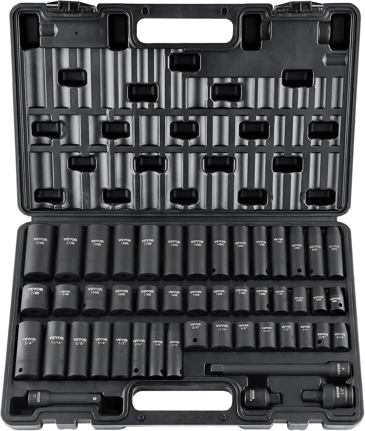 48pcs 3/8" Drive Impact Socket Set,Standard SAE & Metric,Deep & Shallow, 6 Point