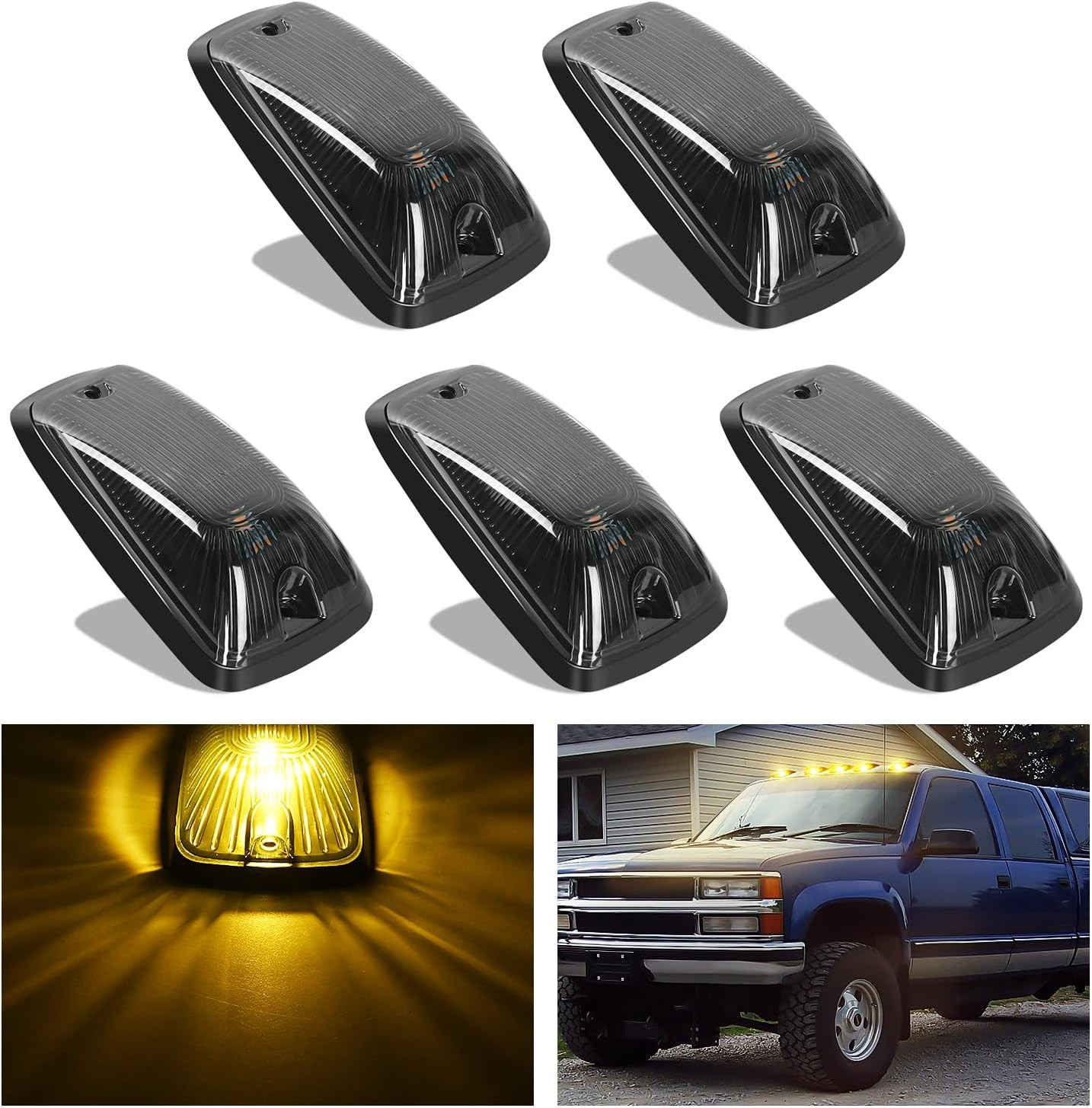 LED Cab Marker Lights 5 PCS 5 LED Smoke Lens Amber Clearance Roof Running Light